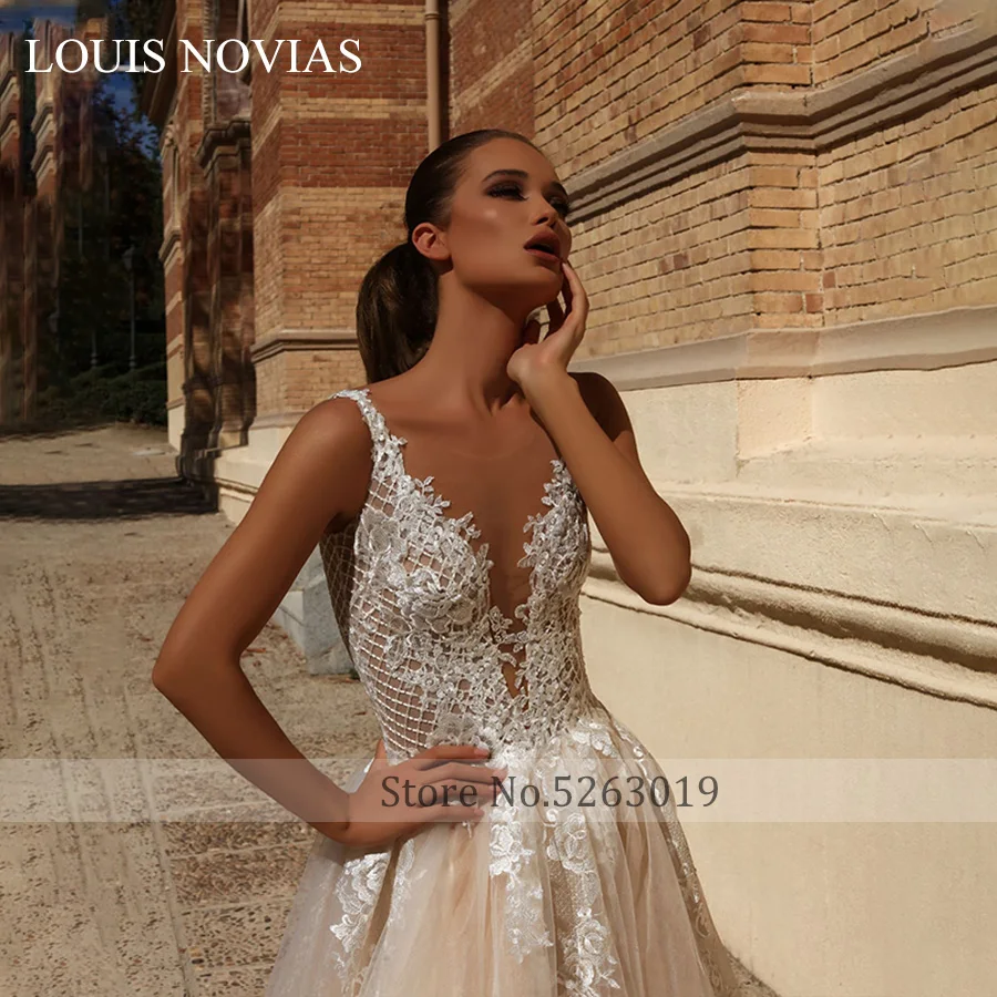 Louis Novias Chữ V Gợi Cảm Appliques Chữ A Áo Cưới Lãng Mạn Năm 2019 Hở Lưng Voan Áo Cưới Plus Size Đầm Vestido De Novia