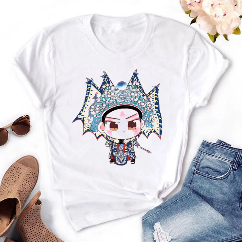 

Chinese opera Cartoon character Print Women t shirt Casual Funny t shirt For Short Sleeve O-Neck Lady Top Tee Women's clothing