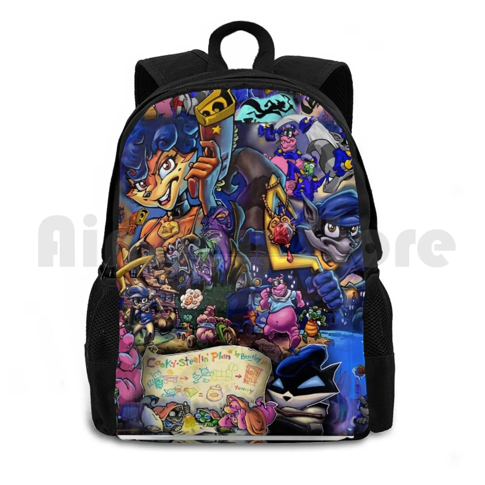 Comic Collage Sly Cooper Outdoor Hiking Backpack Waterproof Camping Travel Slycooper Sly Cooper Raccoon Fox Turtle Hippo Comic