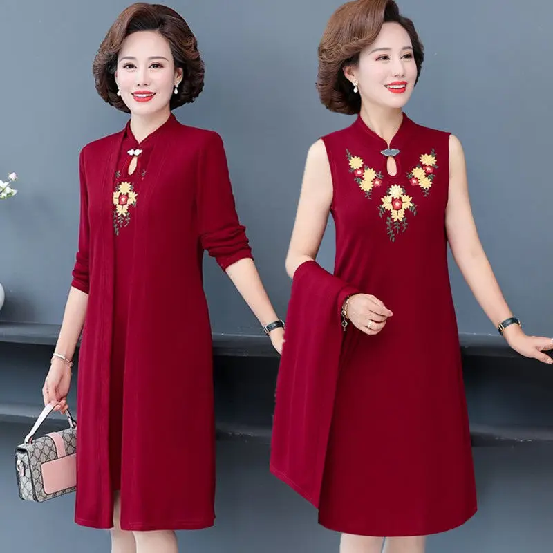 Cheongsam Dress Two Piece Suit Spring Autumn High End Elegant Dress Middle-aged Women's Embroidered Dress Set 5XL 2341