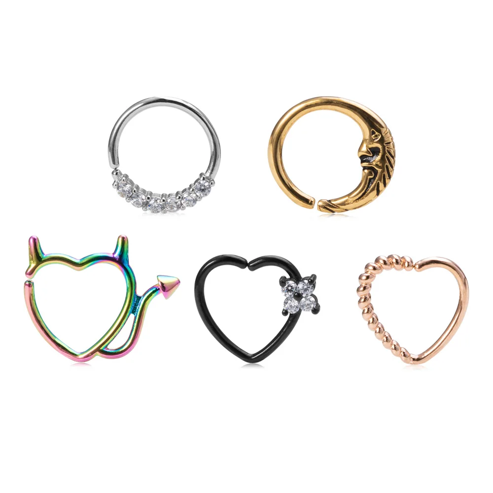 1PC Heart Moon Brass Zircon Nose Ring Nostril Hoop Copper Daith Tragus Cartilage Earring Hoops Septum Piercing Jewelry for Women