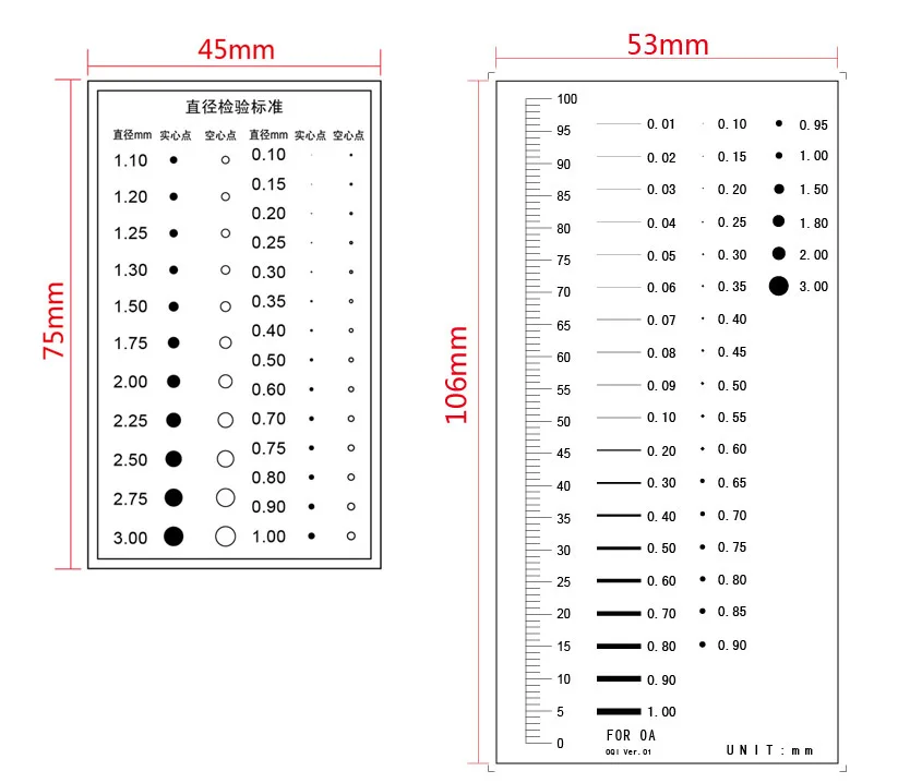 65x100mm Padrão Point Gauge Film Régua Linha Largura Diâmetro Área Comparação Cartão Micrômetro para Detecção de Defeito