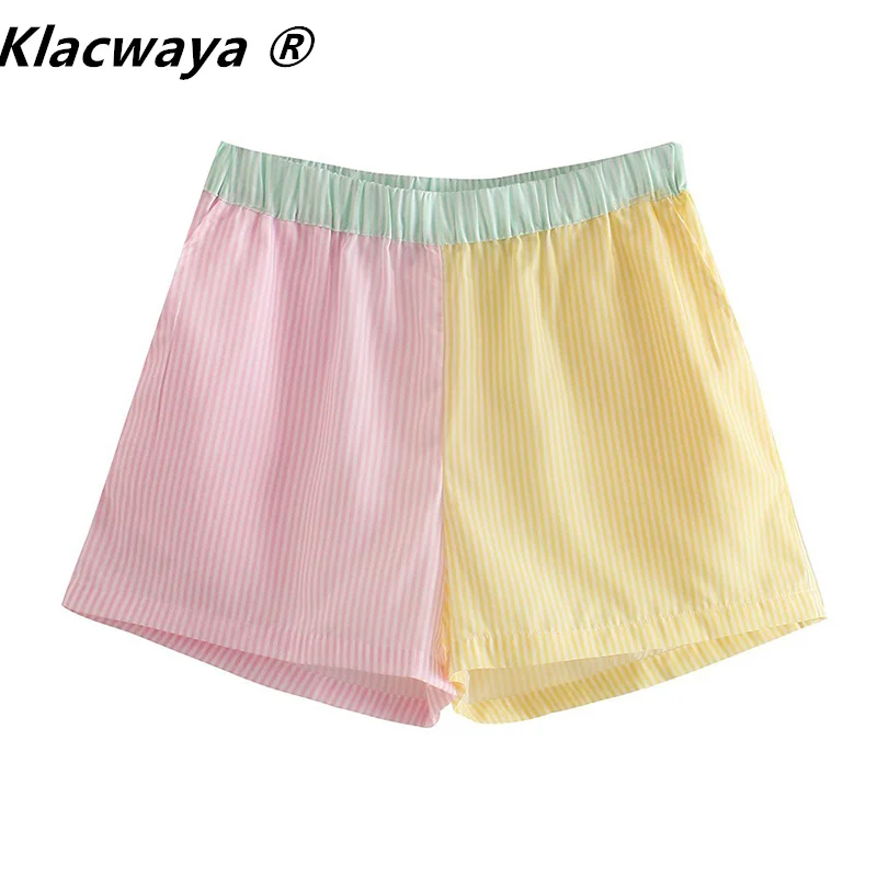 Klacwaya Women Fashion Patchwork Striped Print Casual Hot Bermuda Shorts Female Chic Elastic Waist Summer Pantalone Cortos