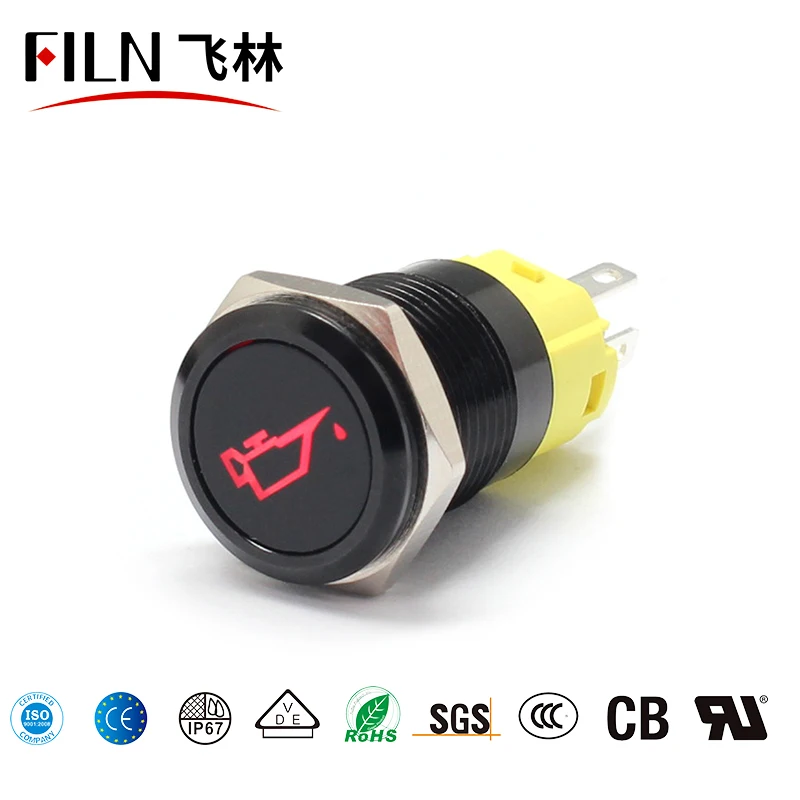 12V 19mm Warning LED Indicator Light Panel Metal Push Button Switch Lock And Momentary On Off With Dash LOGO Symbol