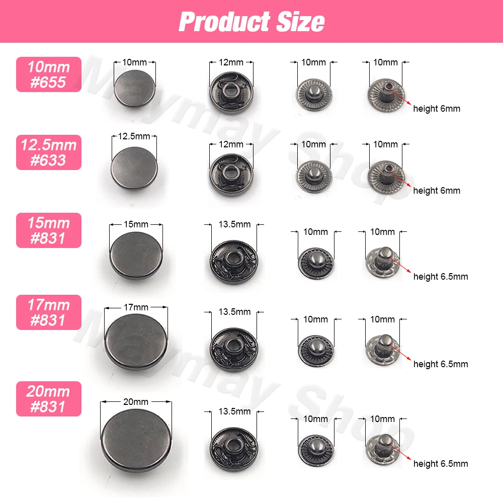 50 Sets 655/633/831 Snap Fasteners Metal Snaps Button Press Studs Sewing Button For DIY Clothes Garment Bags Shoes Leathercraft