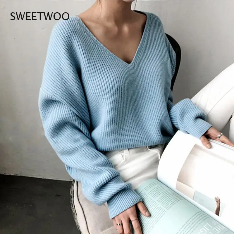

2021 Winter Spring Women's Knitwear Sexy V-Neck Minimalist Tops Korean Irregular Hem Knitted Casual Sweaters