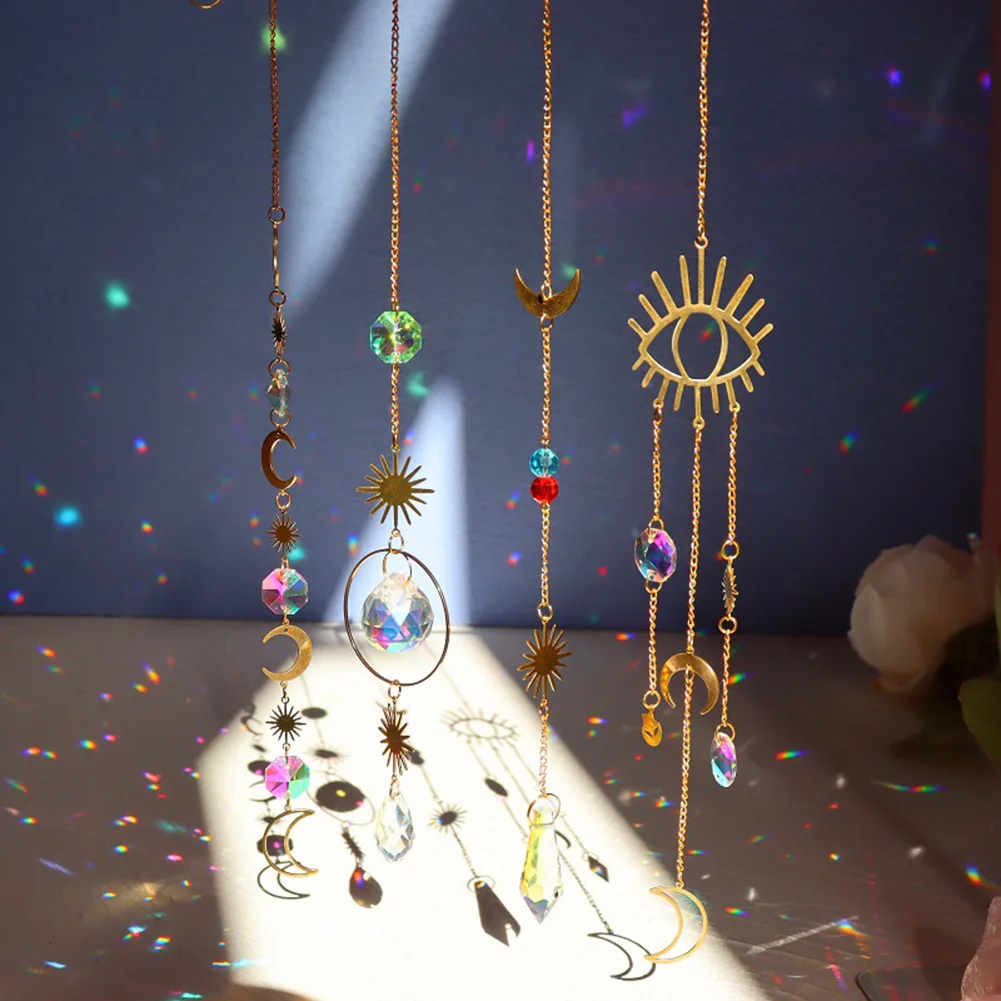 New Mini Crystals Wind Chime Pendant Hanging Bead Moon Sun Light Catcher Windchimes Jewellery Ornament Women Gifts Home Decor