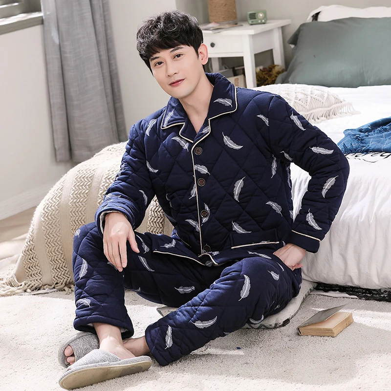 New Arrival Fashion Cotton Quilted Pajama Sets Soft Men Sleepwear Winter Lounge Set Three Layers Keep Warm Thick Quilted Jacket