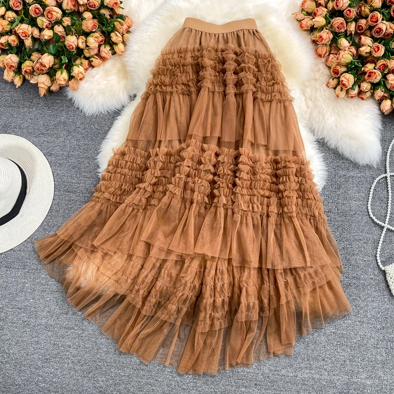 

Women's Runway Fashion Spring Summer Solid Color Irregular A-Line Mesh Skirt Female High Waist Long Skirt TB1481