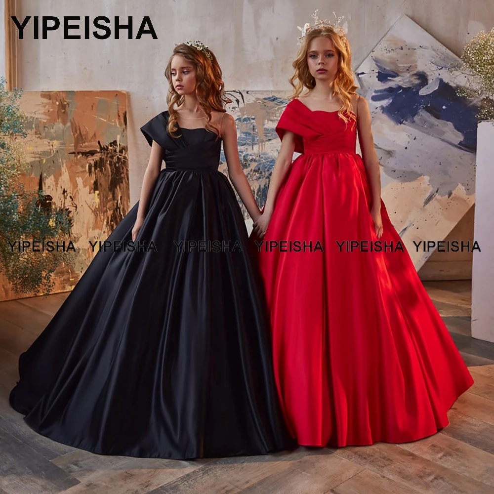 Yipeisha – robe à fleurs en Satin pour filles, sans bretelles, asymétrique, épaule dénudée, longueur au sol, tenue de bal pour enfants, noire, rouge, pour fête d'anniversaire