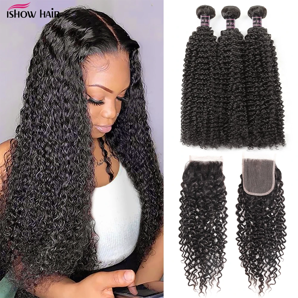 Ishow Kinky Curly Weave Human Hair Bundles with Lace Closure Non-Remy Hair Extensions Peruvian Hair 3 Bundles with Closure