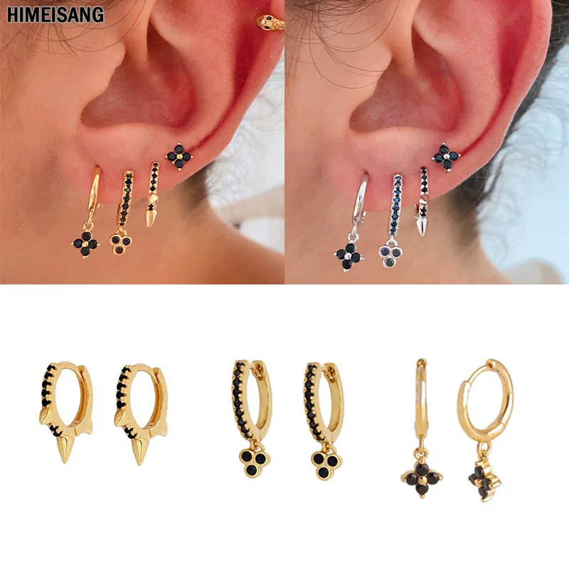 Silver Gold Filled Black Huggie Hoop Drop Earrings Women CZ Zircon Circle Irregular Earings Girls Ear Rings Jewelry Wholesale