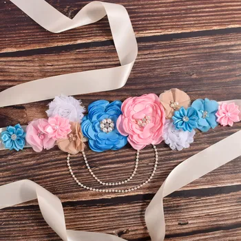 Purtulle Mutterschaft Schärpe Frauen Blau/Rosa Blume Schärpe Schwangerschaft Bauch Gürtel Braut Band Kummerbunds Hochzeit Kleid Taille Gürtel