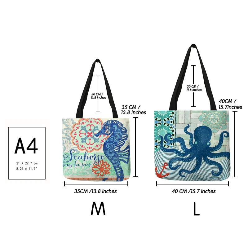 Casual Leisure Totes Bag Women Handbag Marine Animal Sea Turtle Horse Octopus Print Travel Shopping Shoulder Bags for Groceries