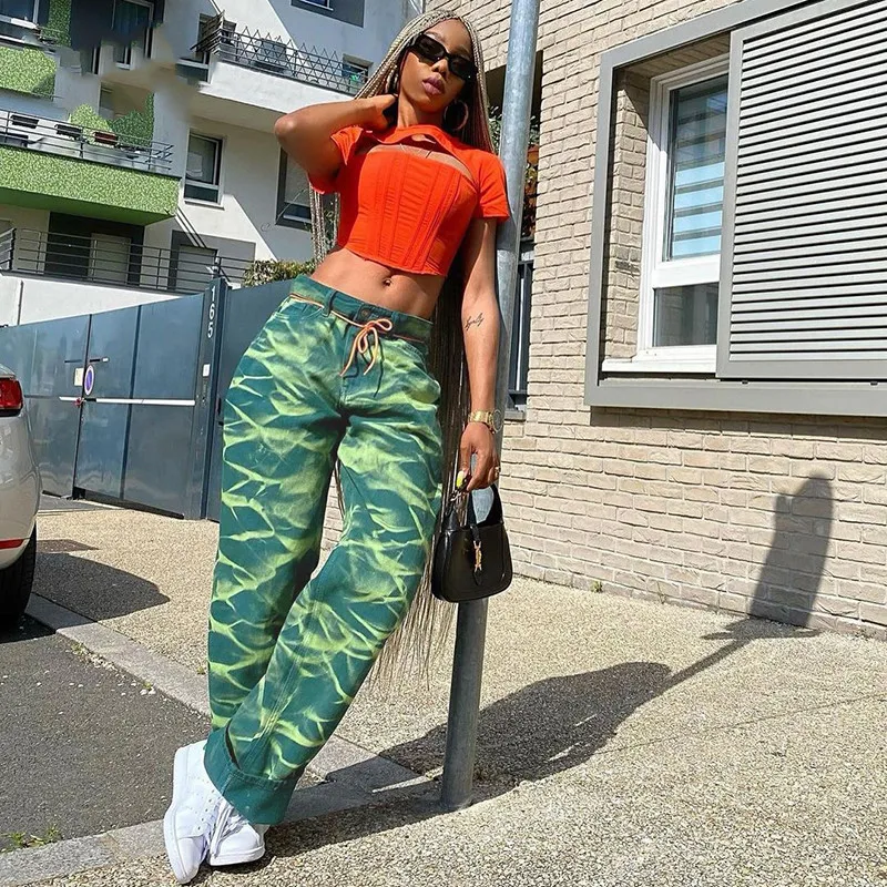 Imagem -02 - Favre Green Tie Dye Baggy Mãe Jeans Mulheres Cintura Alta Denim Cargo Calças Perna Larga Calças Longas Verão Casual Capris Streetwear