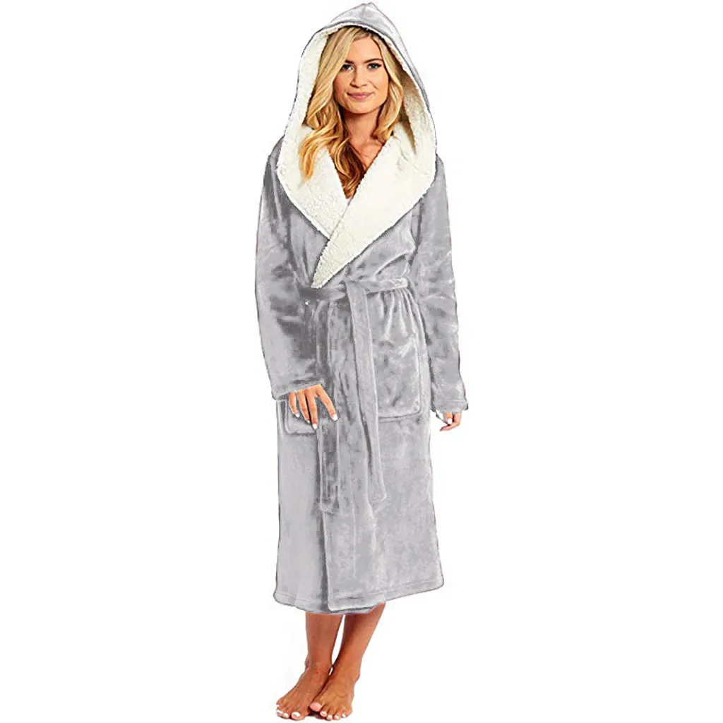 Women Plush Thermal Long Bath Robe Lengthened Shawl Hooded Bathrobe Warm Kimono Dressing Gown Flannel Bath Robe Sleepwear