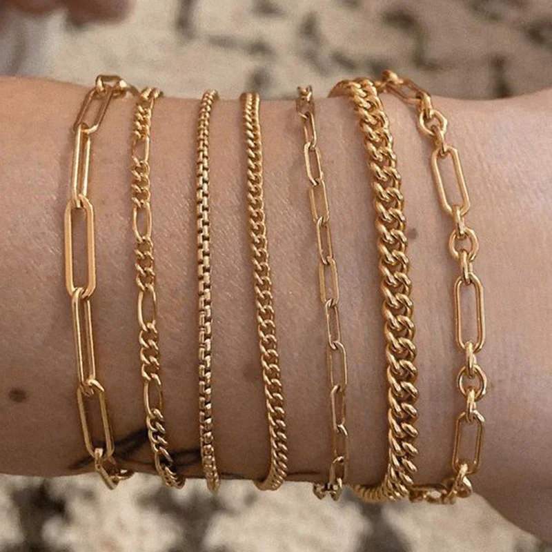 Vnox Gold Color Rolo Chain Bracelets for Women,Snake Cuban Paperclip Chain Bracelets, Chic Minimalist Girl Party Holiday Jewelry