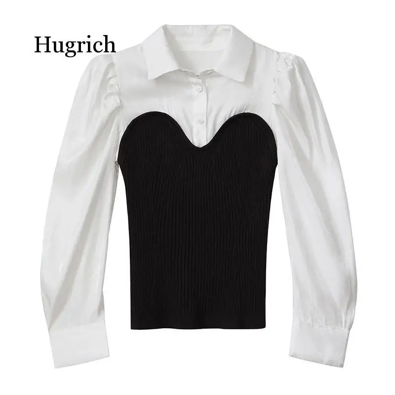 2021 Korean Spring New Simple Fashion Lapel Fake Two Slim Stitched Knitted Long Sleeve Shirt