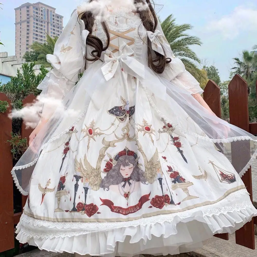 ญี่ปุ่นหวานLolita VINTAGEพัฟสูงเอวพิมพ์ชุดวิคตอเรียKawaiiสาวGothic Lolita Op Loli