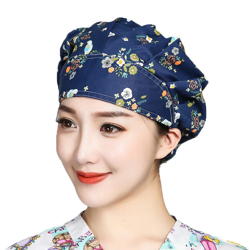 Chapeaux bouffants en coton pour cheveux longs, avec bandeau imprimé réglable, pour Salon de beauté, vêtements de travail pour soins infirmiers