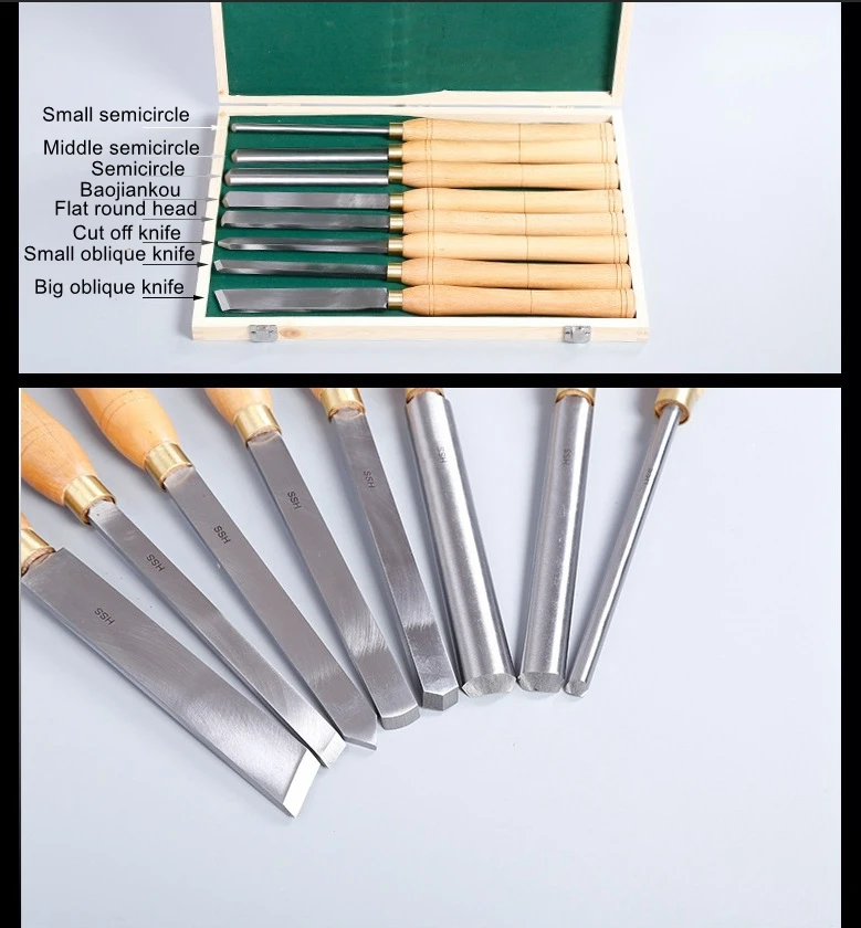 고속 강철 선삭 도구 고급 8PCS 너도밤 나무 손잡이 목공 도구 라운드 나이프 조각 치즐