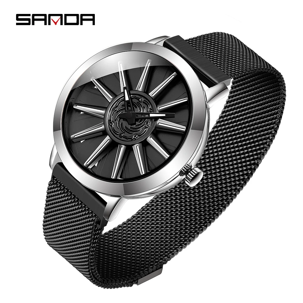 SANDA 2022 Hot Sell Cool Personality Spinning Dial Men Watch Milan Mesh Belt Quartz Wheel Wristwatch Gift Relogio Masculino 1032