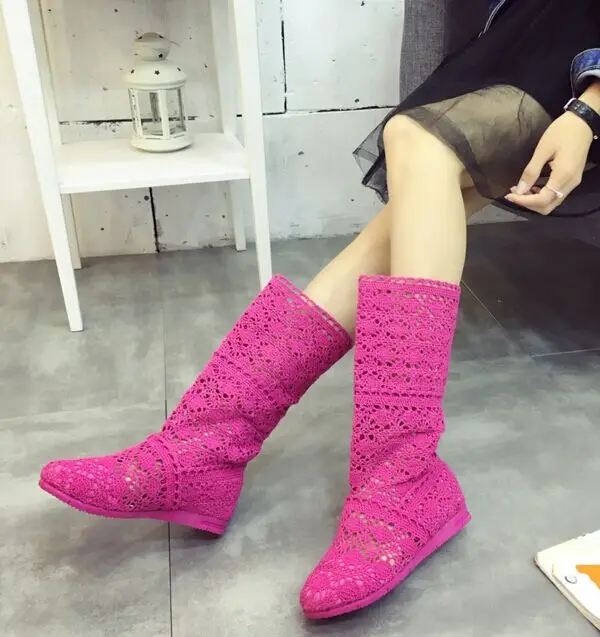 Large size Spring hollow boot autumn shoes fashion mesh red blue high to help summer women\'s flats boots knee high tube women\'s