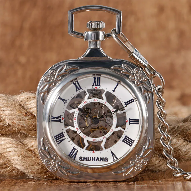 Silver Square Shape Pocket Watch Unisex Handwinding Mechanical Watches Open Face Design Roman Number with Pendant Chain Clock