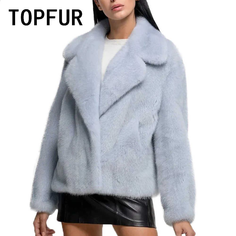 TOPFUR Light Blue Imported Mink Coat Women Lapel Long Sleeve Outertwear Winter Simple Casual Tops Real Mink Fur Jacket Female