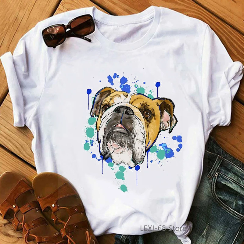 Aquarel Bulldog/Chihuahua/Mops/Teddy/Labrador Animal Print T-shirt Vrouwen Grappige Hond Met Kroon tshirt Femme Wit T-Shirt Tops