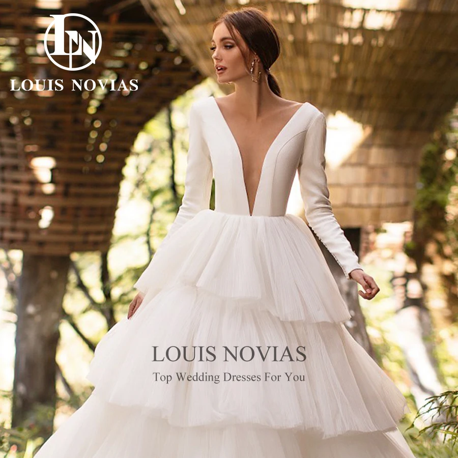 LOUIS NOVIAS Long Sleeve Wedding Dress Simple Satin Sexy Deep V-Neck Backless Tiered A-Line Wedding Gown Bride Vestidos De Novia