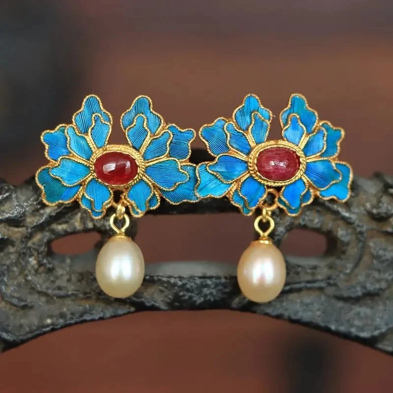 

Original designer craft Cloisonne gilt silk Ruby Pearl Earrings Chinese style Retro Palace Unique charm women's silver jewelry