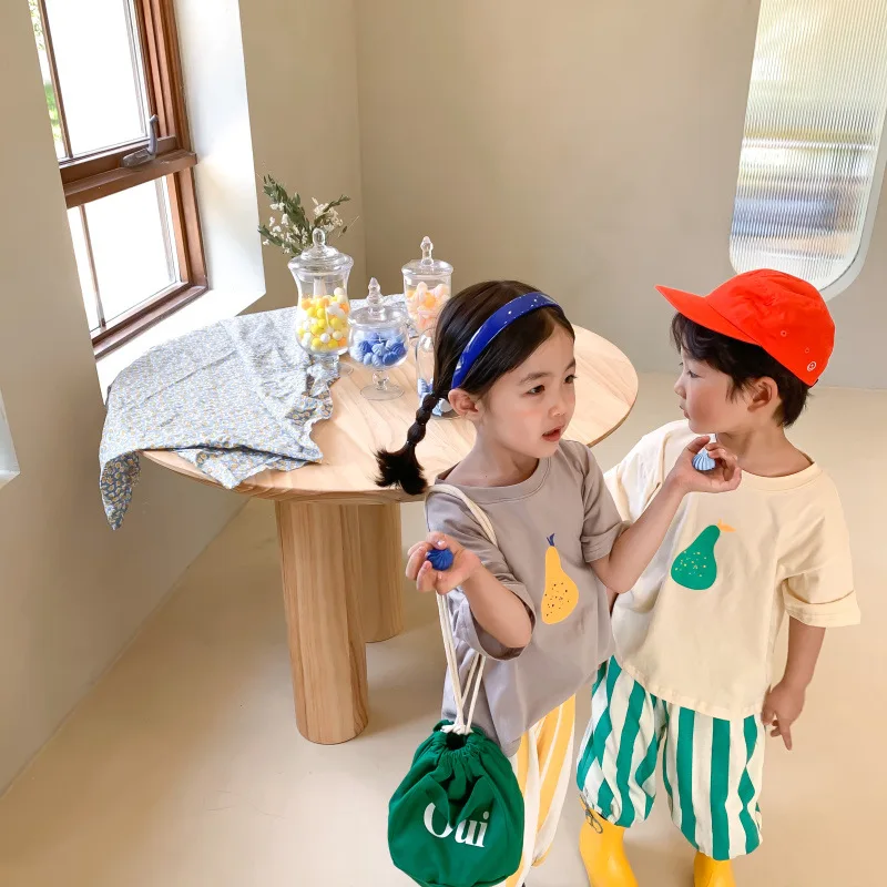 MILANCEL Summer New Kids Clothes Cute Pear Print T-shirt Solid Cotton Tops Simple Casual Tee for Boys and Girls