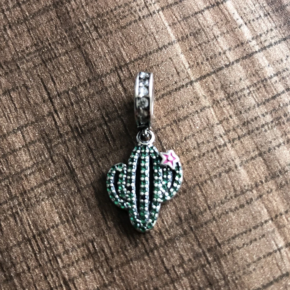 Hight Quality Silver Color Green CZ Zircon Cactus Necklace Charm Pendant fit Original Pandora Bracelet Beads Jewelry Making Gift