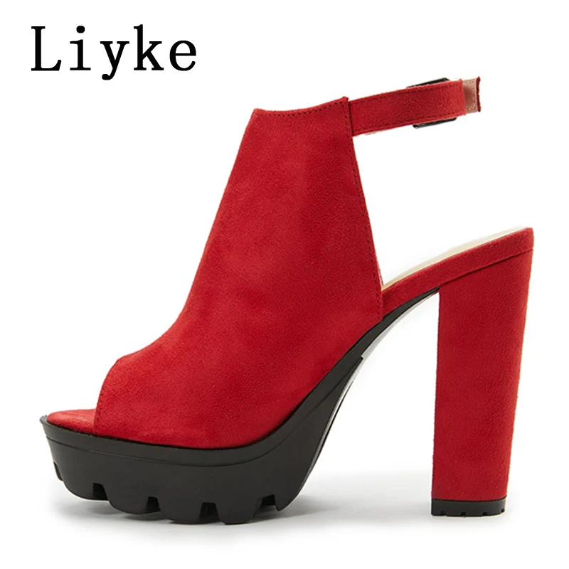 Liyke Women Chunky Platform Sandals Summer Flock Thick High Heels Open Toe Ankle Buckle Strap Ladies Shoes Casual