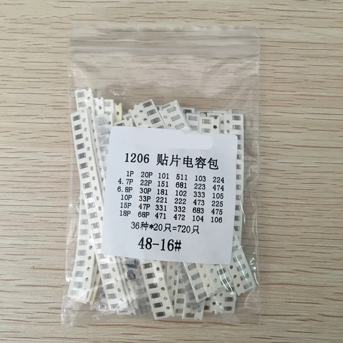 

1206 SMD Capacitor assorted kit ,36values*20pcs=720pcs 1pF~10uF Samples Kit electronic diy kit