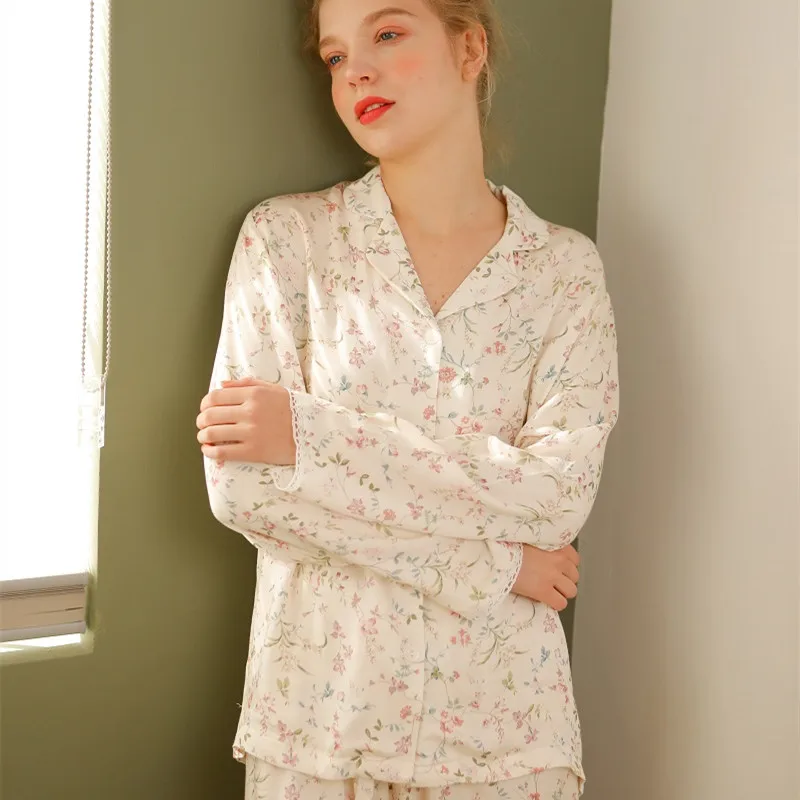 Viscose Fashion Pajama Sets For Women Casual Long Sleeve Floral Print Sleepwear Spring Autumn Loose Home Clothes