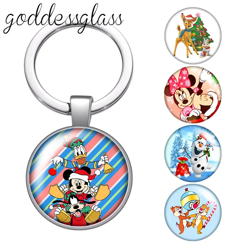 Disney Christmas Mickey and Friends olaf Bambi Photo glass cabochon keychain Bag Car key chain Ring Holder Charms keychains gift