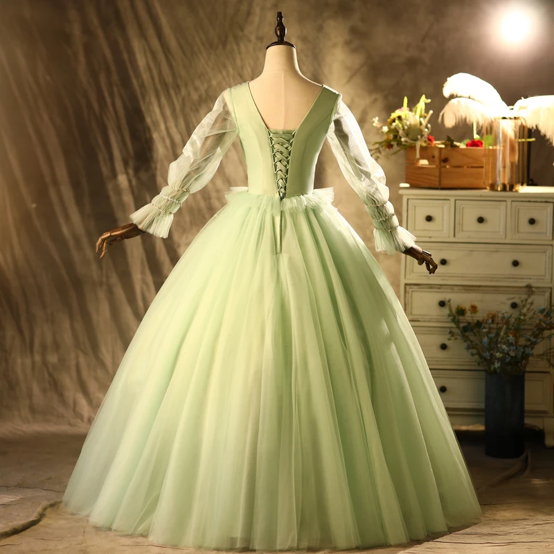 AnXin SH vintage princess green lace v neck beading crystal long sleeve ball gown ruffles stage customized evening dress