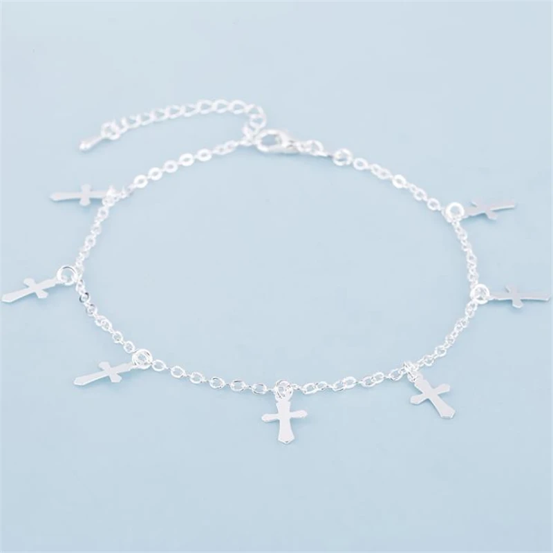 KOFSAC New Fashion 925 Sterling Silver Anklets For Women Exquisite Cross Pendant Ankles Chain Bracelet Jewelry Girl Party Gifts