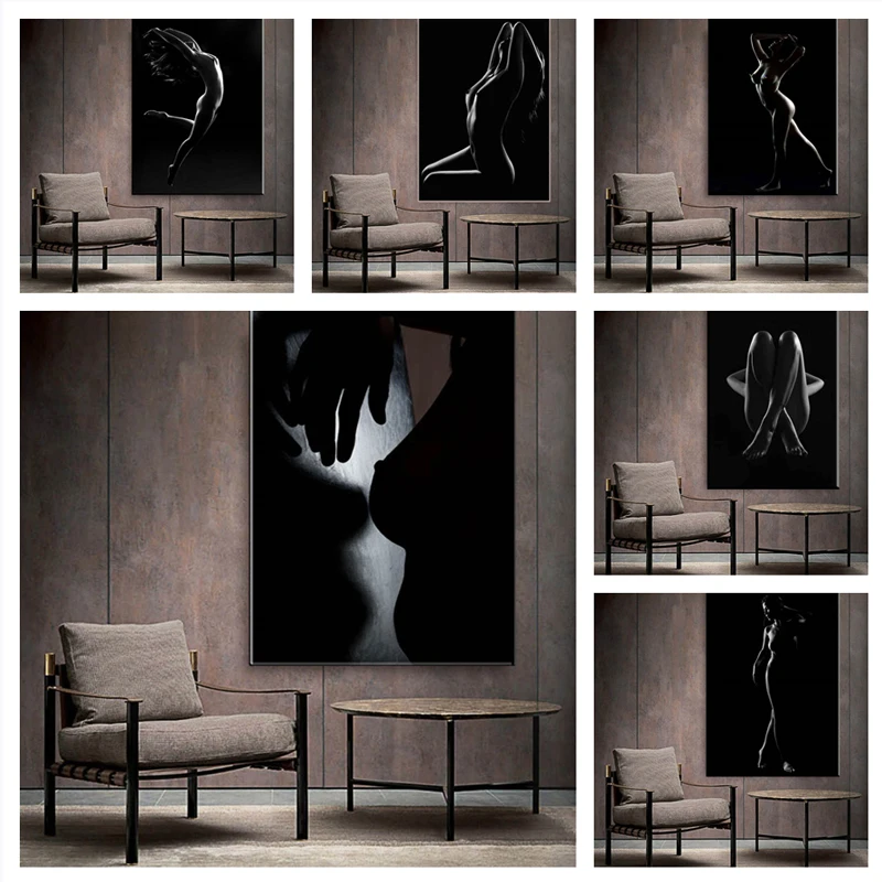 Sexy Woman with Black and White Body Art Canvas Painting Modern Nude Art Posters and Prints Wall Art Picture for Home Decoration