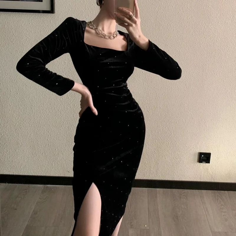 Black Velvet Long Dress Women Elegant Vintage Square Collar Long Sleeve Dress Korean Sexy Casual Evening Party Dress 2021 Autumn