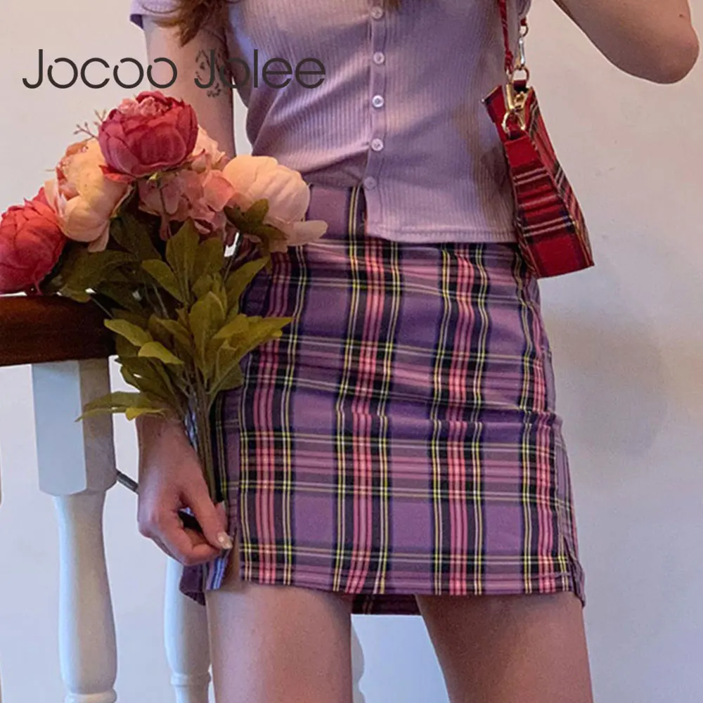 Jolee Jocoo 2021 kobiety lato koreański Sexy Retro Plaid Y2K słodka wysoka talia Mini spódniczka A-Line Zipper styl Preppy do klubu na imprezę