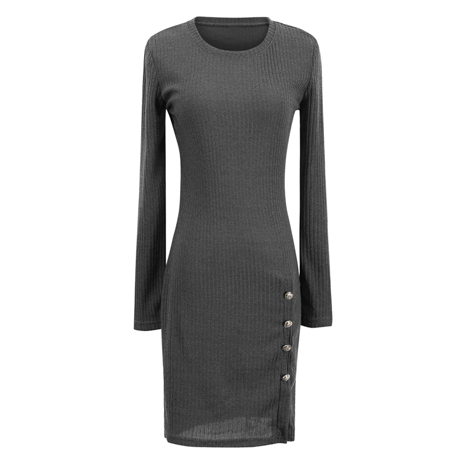 Knitted Sweater Dress For Women Autum Warm Ribbed Solid Long Sleeve Sexy Split Dresses Buttons Slim Bodycon Party Dress Vestidos