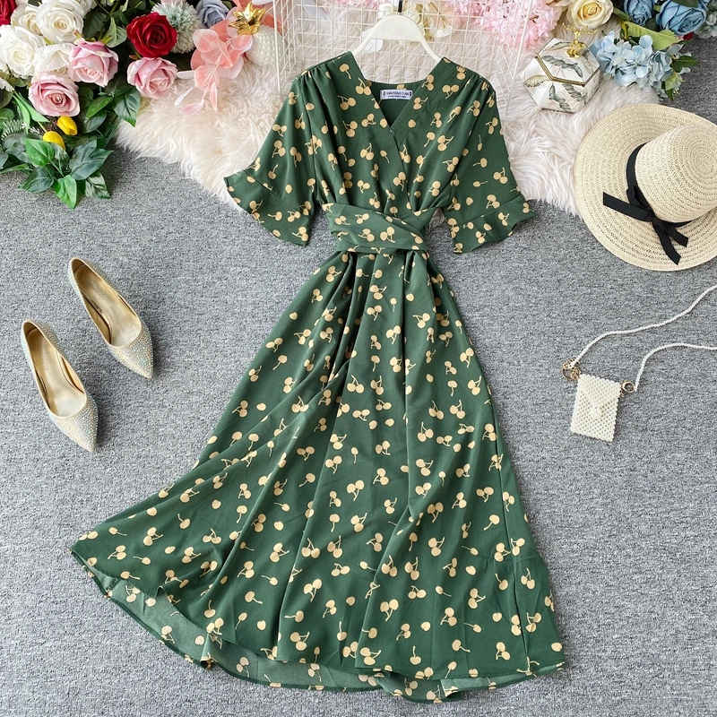 Vestido de festa boho estampado floral, sexy com decote em v, manga curta plissada, cinto de renda, vestido midi, vestido de verão, fino, 2021