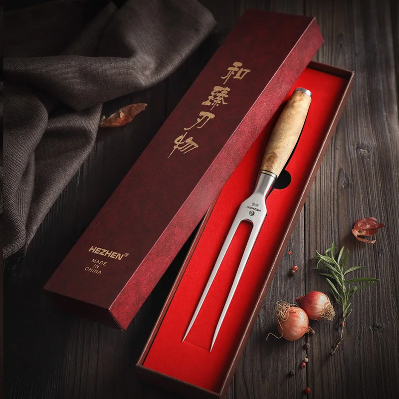 HEZHEN Master Forge Carving Fork Meat Fork 430 Stainless Steel Outdoor Barbecue Utensils Kitchen Tools Beautiful Gift Box