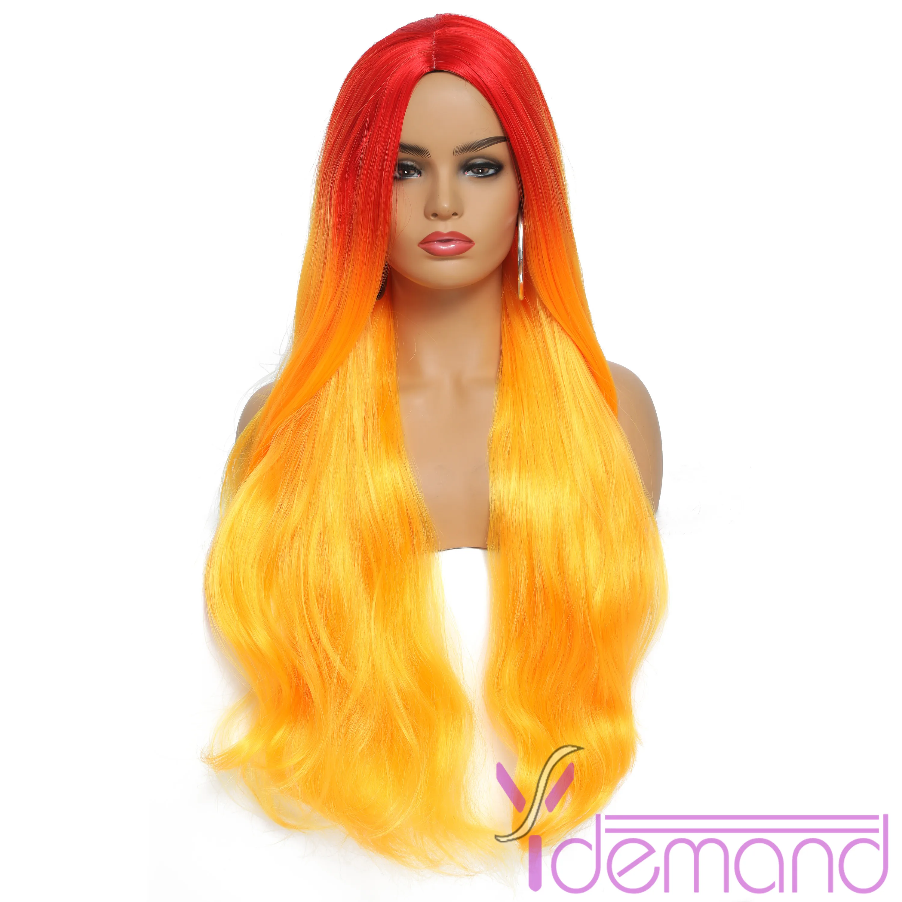 Super Long Ombre Orange Synthetic Hair Wigs For Women Middle Part BodyWavy Cosplay Wigs Heat Resistant Natural Hair Wig