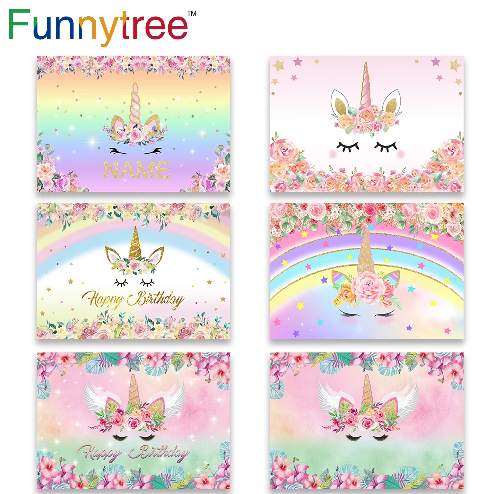 

Funnytree Unicorn Background Photographic Studio Birthday Rainbow Children Flower Colorful Custom Backdrop Photobooth Photowall