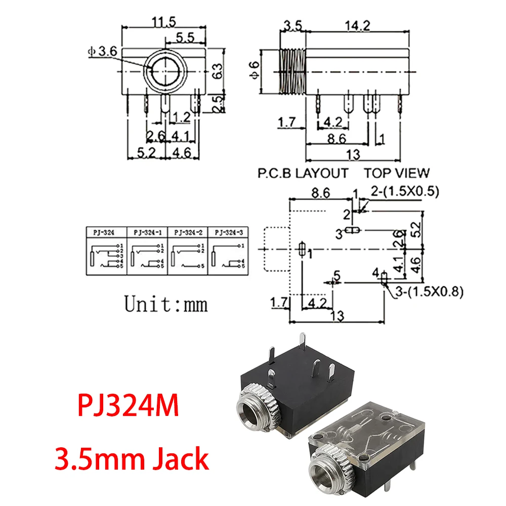 10Pcs PJ Series Headphone Jack 3.5mm 2.5mm Stereo Female Socket with Screw Video Audio Connector PJ-612A PJ-306M PJ392A PJ320D