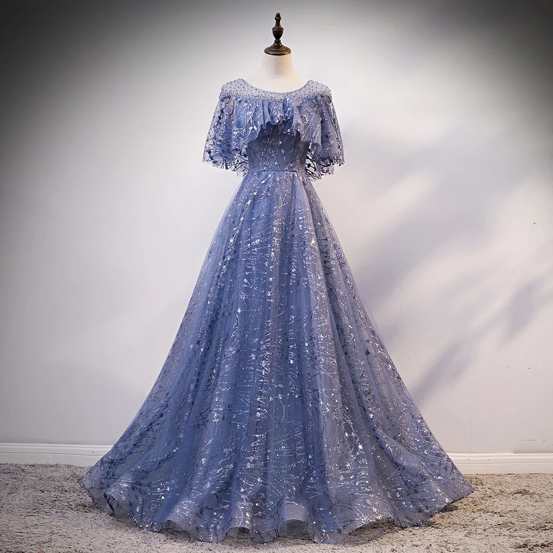 Elegante Blau Tüll Abendkleider Vintage Kurzen Ärmeln Oansatz Shiny Pailletten Perlen Hochzeit Promi Gast Prom Party Kleider